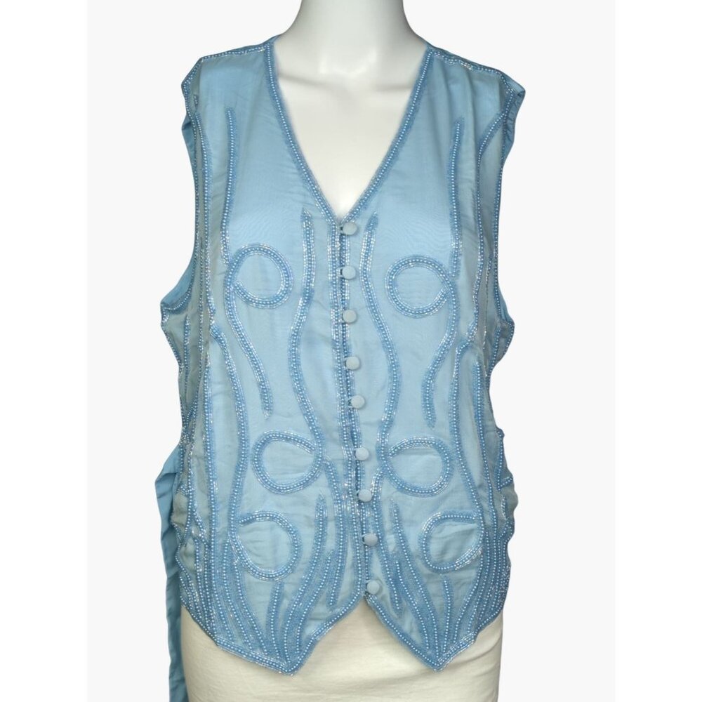 Vintage Mary McFadden Womens Medium Light Blue Silk Beaded Vest New